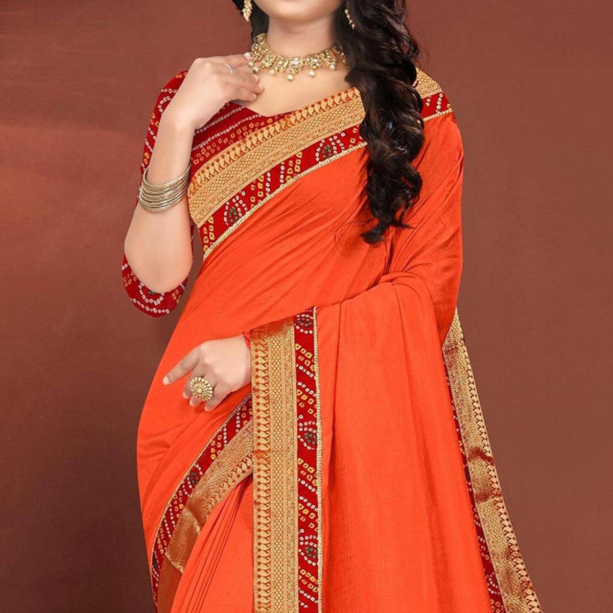 Orange Solid With Fancy Border Work Vichitra Silk Saree - Peachmode