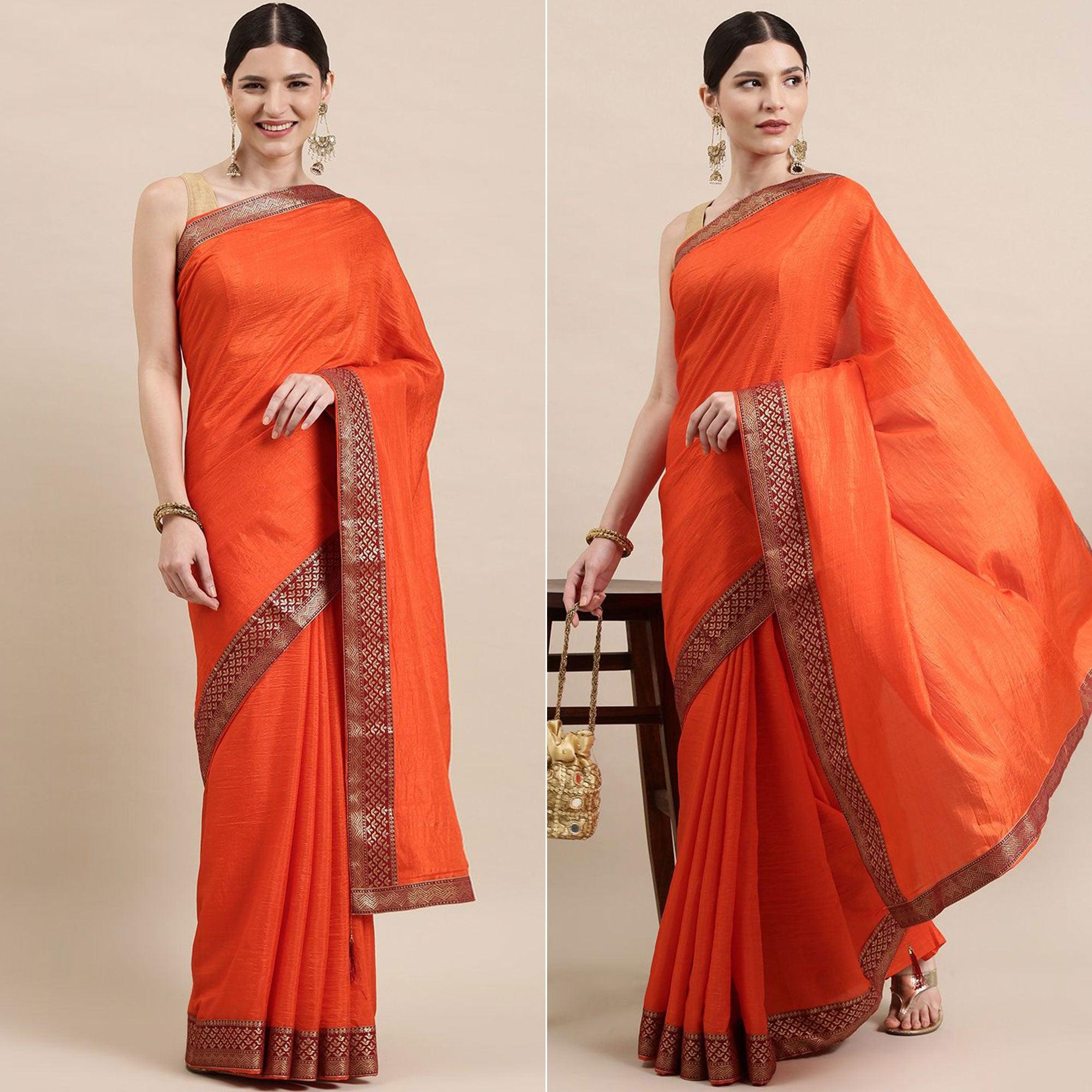 Orange Solid With Woven Border Vichitra Silk Saree - Peachmode