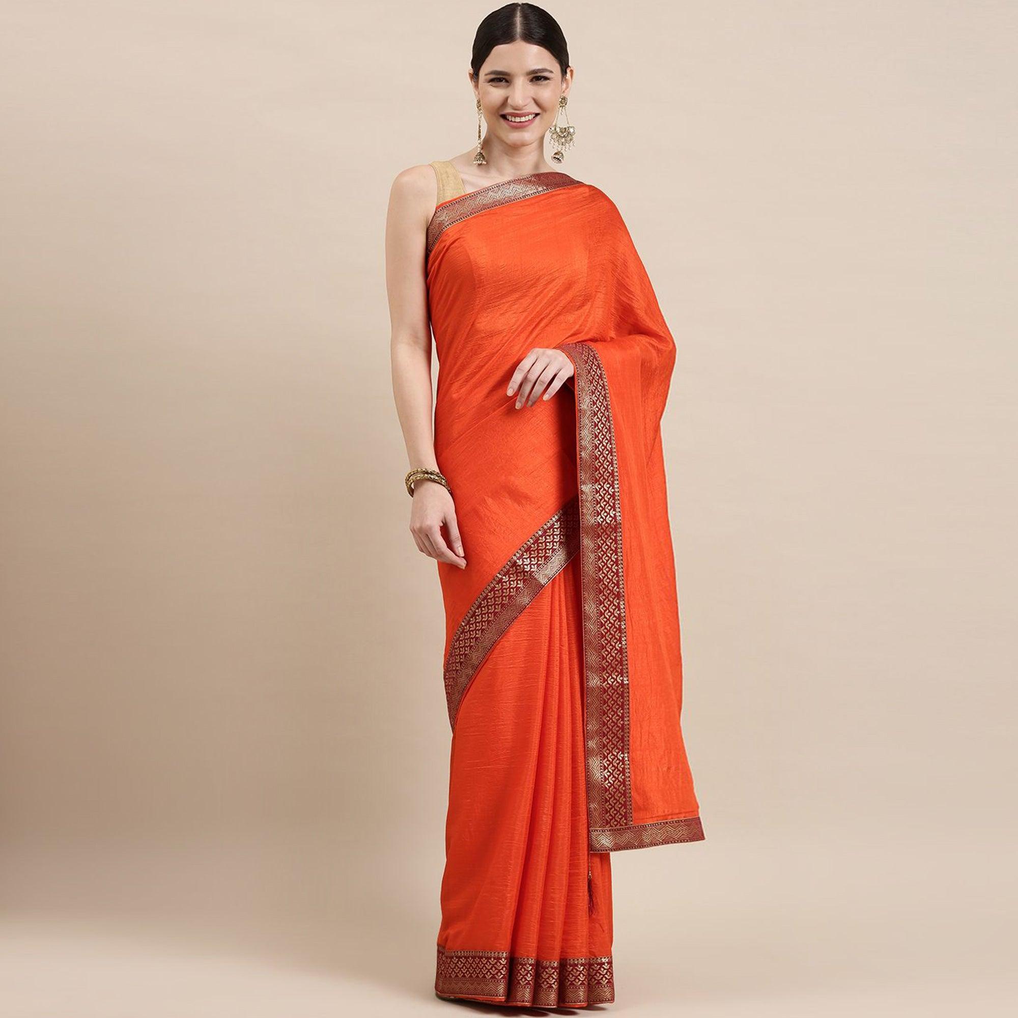 Orange Solid With Woven Border Vichitra Silk Saree - Peachmode