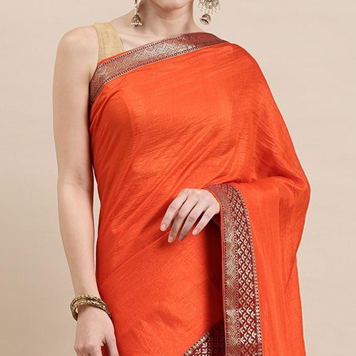 Orange Solid With Woven Border Vichitra Silk Saree - Peachmode