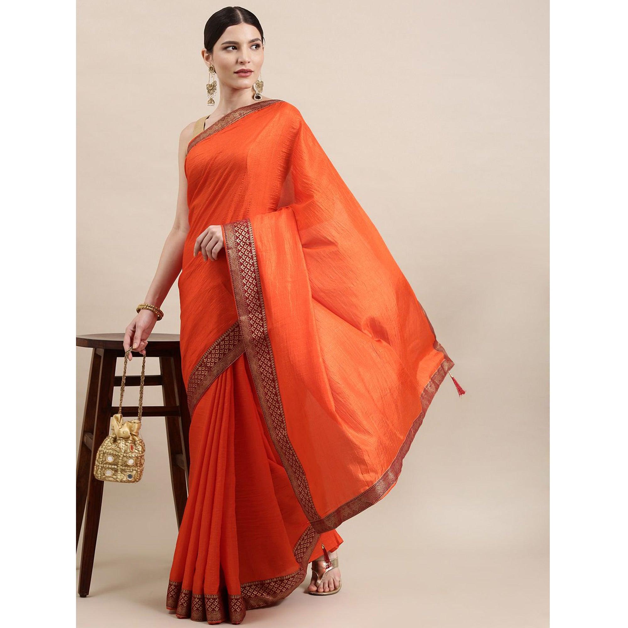 Orange Solid With Woven Border Vichitra Silk Saree - Peachmode