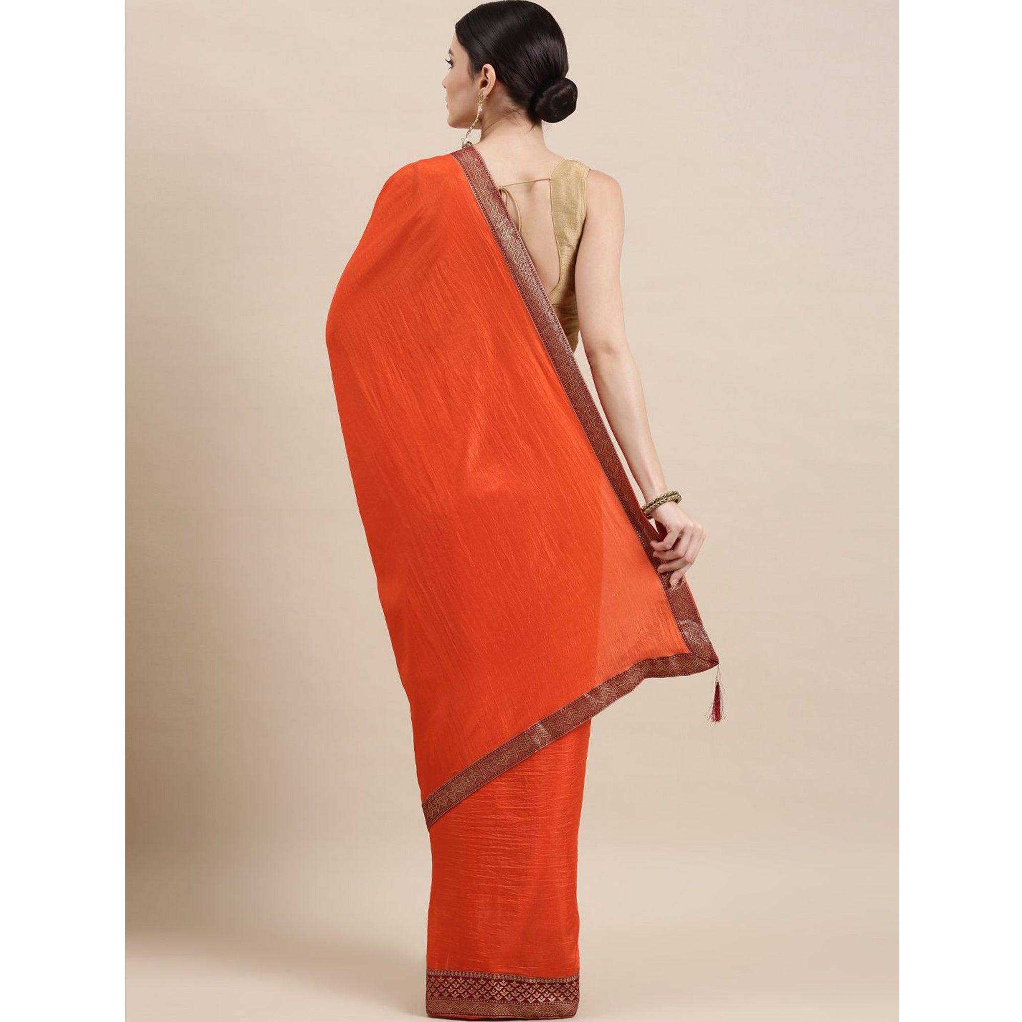 Orange Solid With Woven Border Vichitra Silk Saree - Peachmode