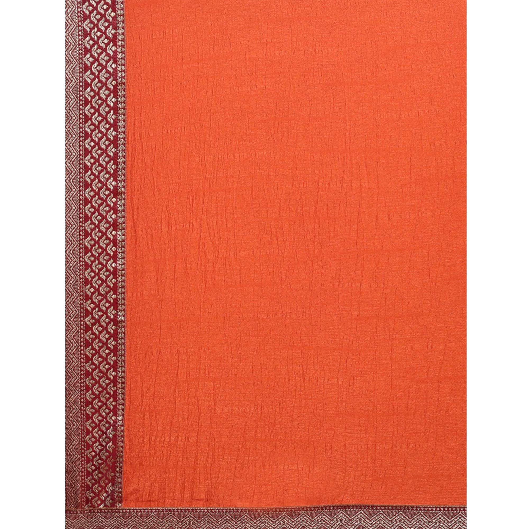 Orange Solid With Woven Border Vichitra Silk Saree - Peachmode