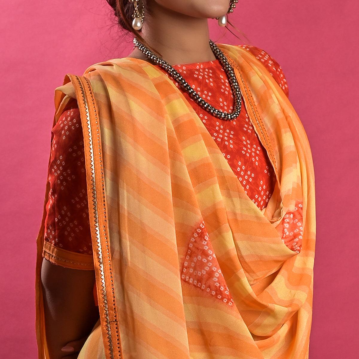 Orange Stripe Printed Chiffon Saree - Peachmode