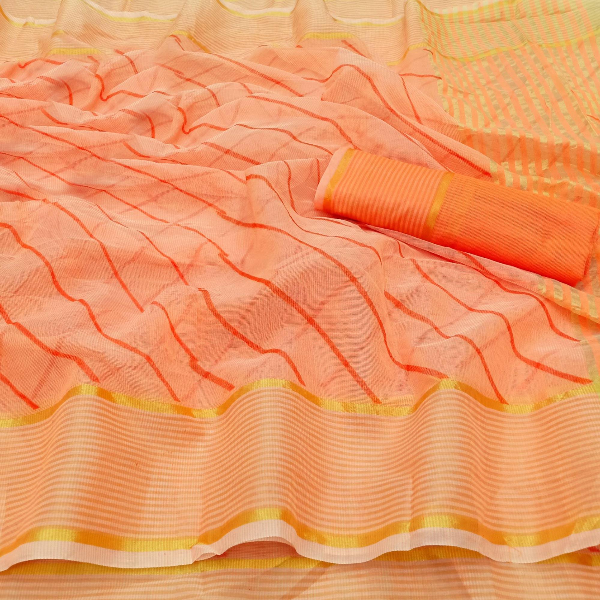 Orange Stripe Printed Kota Doria Saree With Tassels - Peachmode