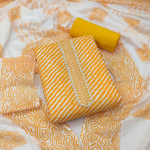 Orange Stripe Printed With Embroidered Poly Cotton Dress Material - Peachmode