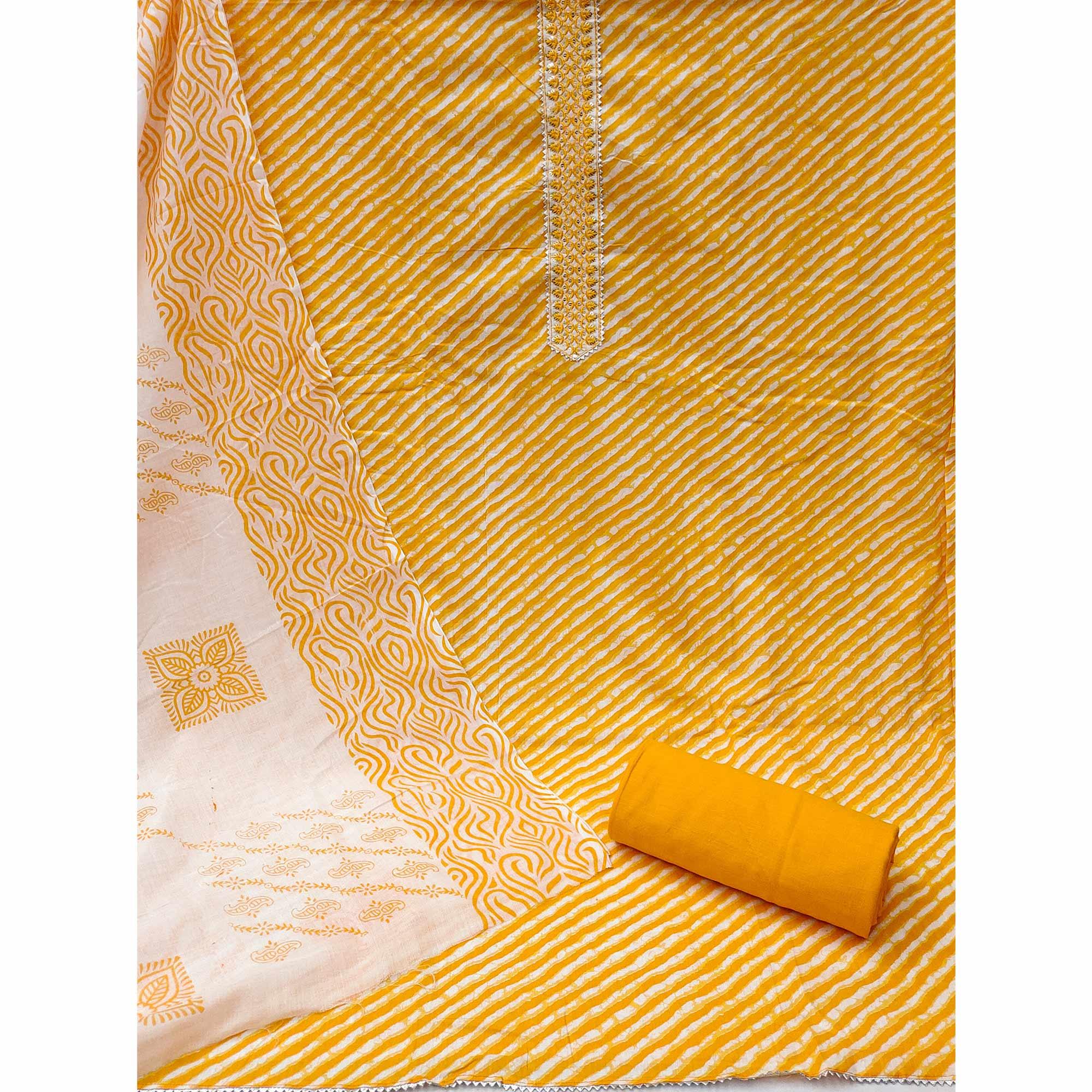 Orange Stripe Printed With Embroidered Poly Cotton Dress Material - Peachmode