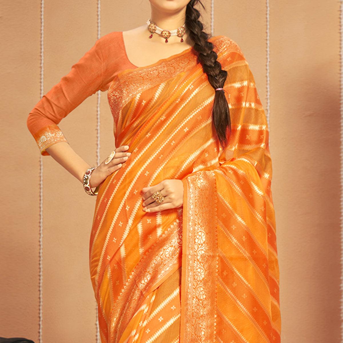 Orange Stripe With Woven Art Silk Saree - Peachmode