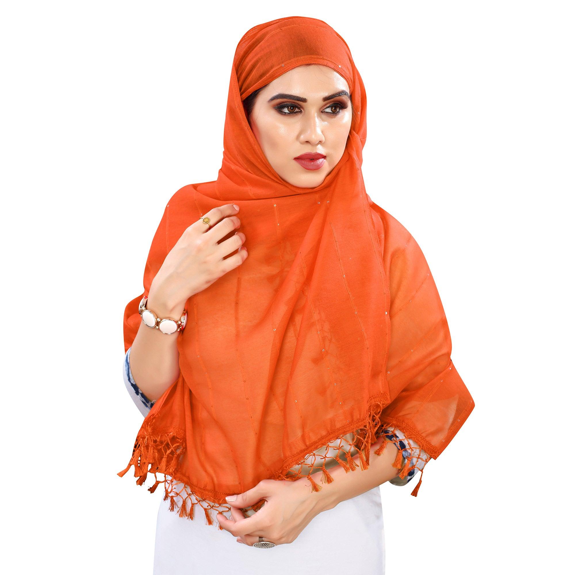 Orange Stripes Woven Sequence Festive Wear Cotton Silk Dupatta - Peachmode