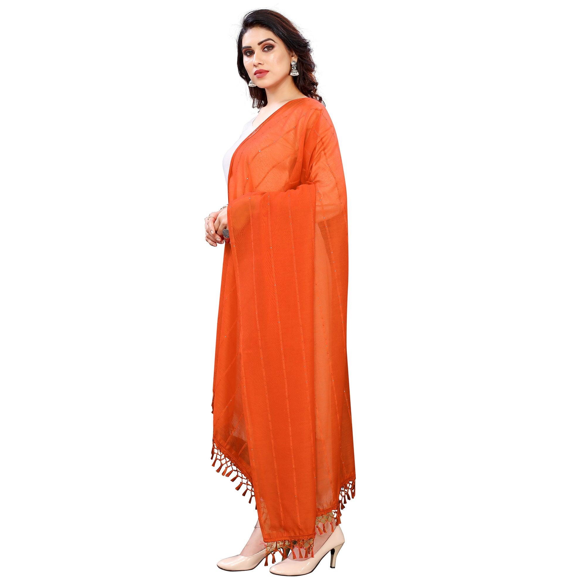 Orange Stripes Woven Sequence Festive Wear Cotton Silk Dupatta - Peachmode