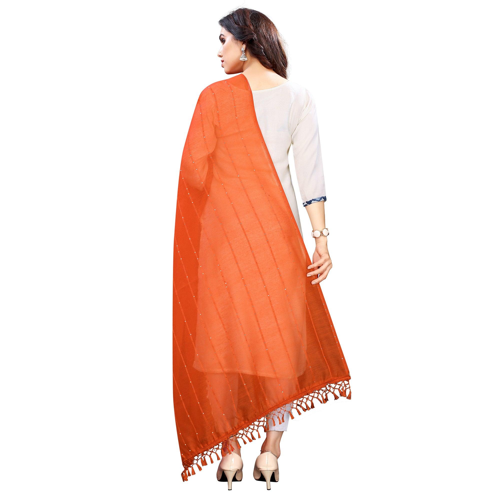 Orange Stripes Woven Sequence Festive Wear Cotton Silk Dupatta - Peachmode