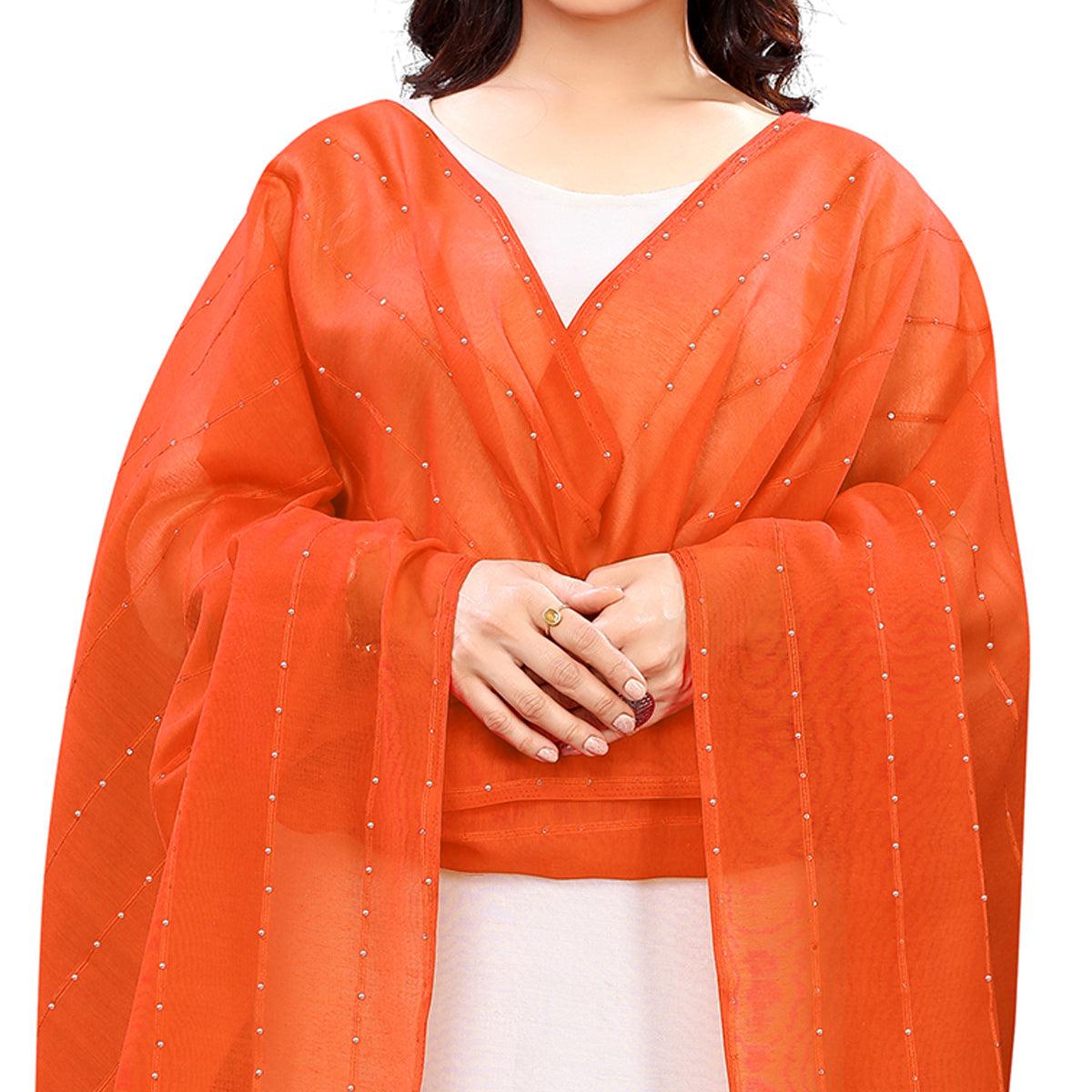 Orange Stripes Woven Sequence Festive Wear Cotton Silk Dupatta - Peachmode