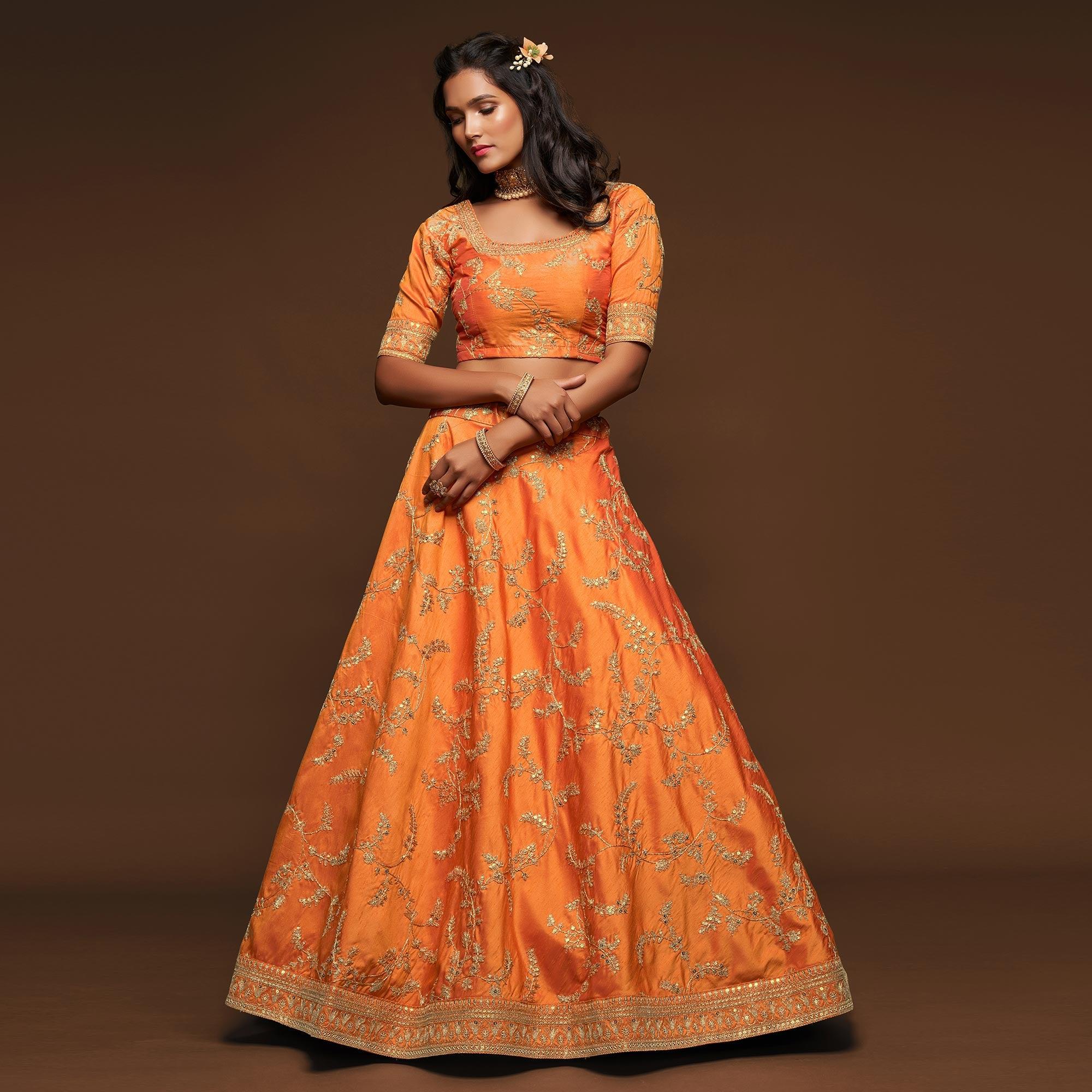 Orange Wedding Floral Sequins Embroidered Art Silk Lehenga Choli - Peachmode