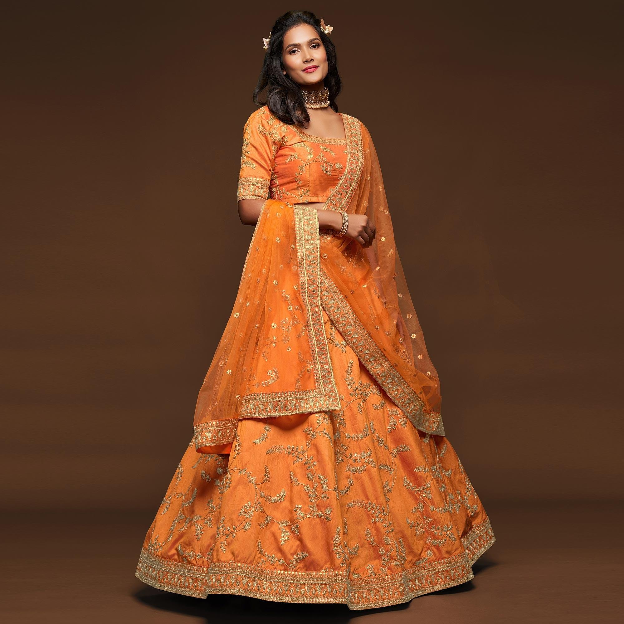 Orange Wedding Floral Sequins Embroidered Art Silk Lehenga Choli - Peachmode