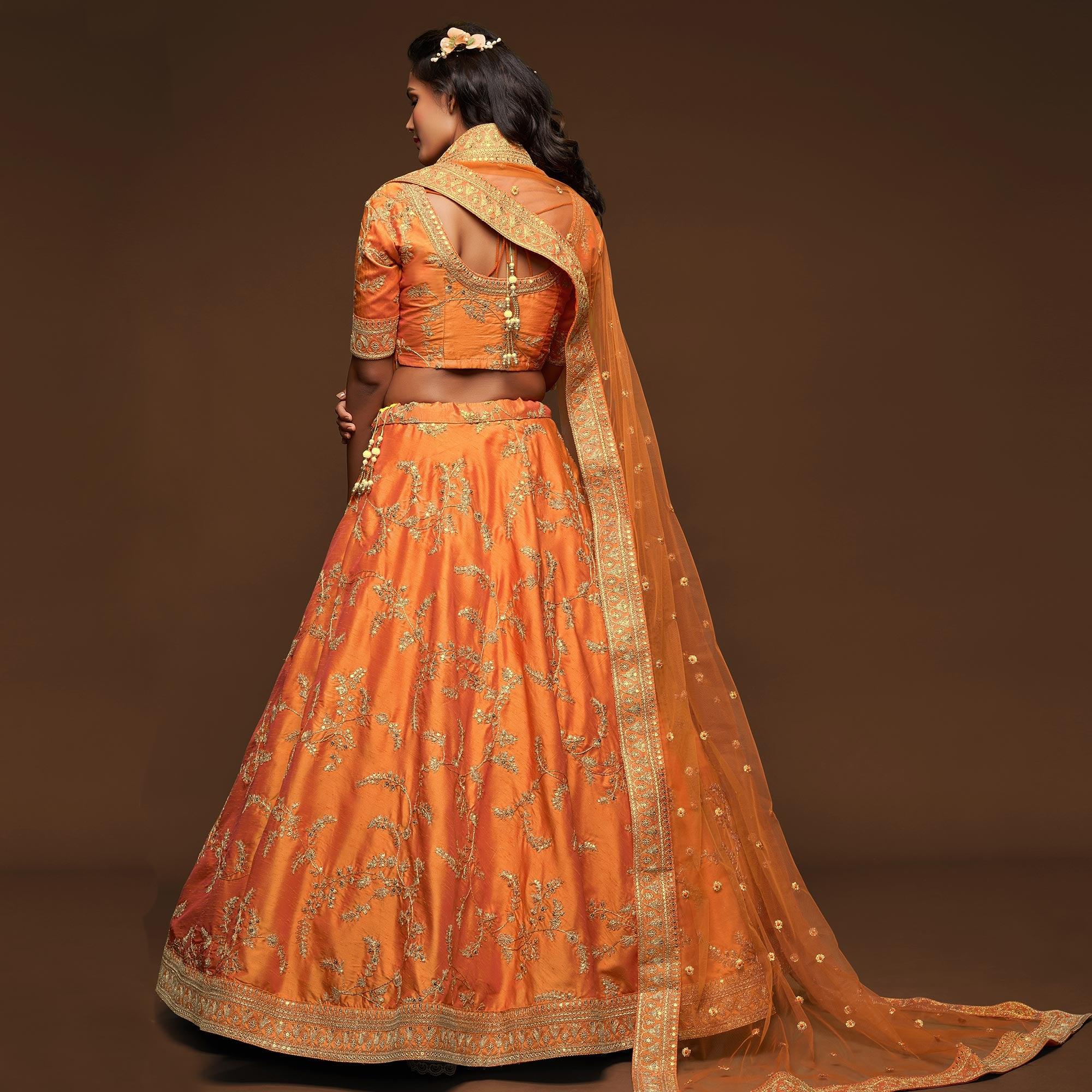 Orange Wedding Floral Sequins Embroidered Art Silk Lehenga Choli - Peachmode