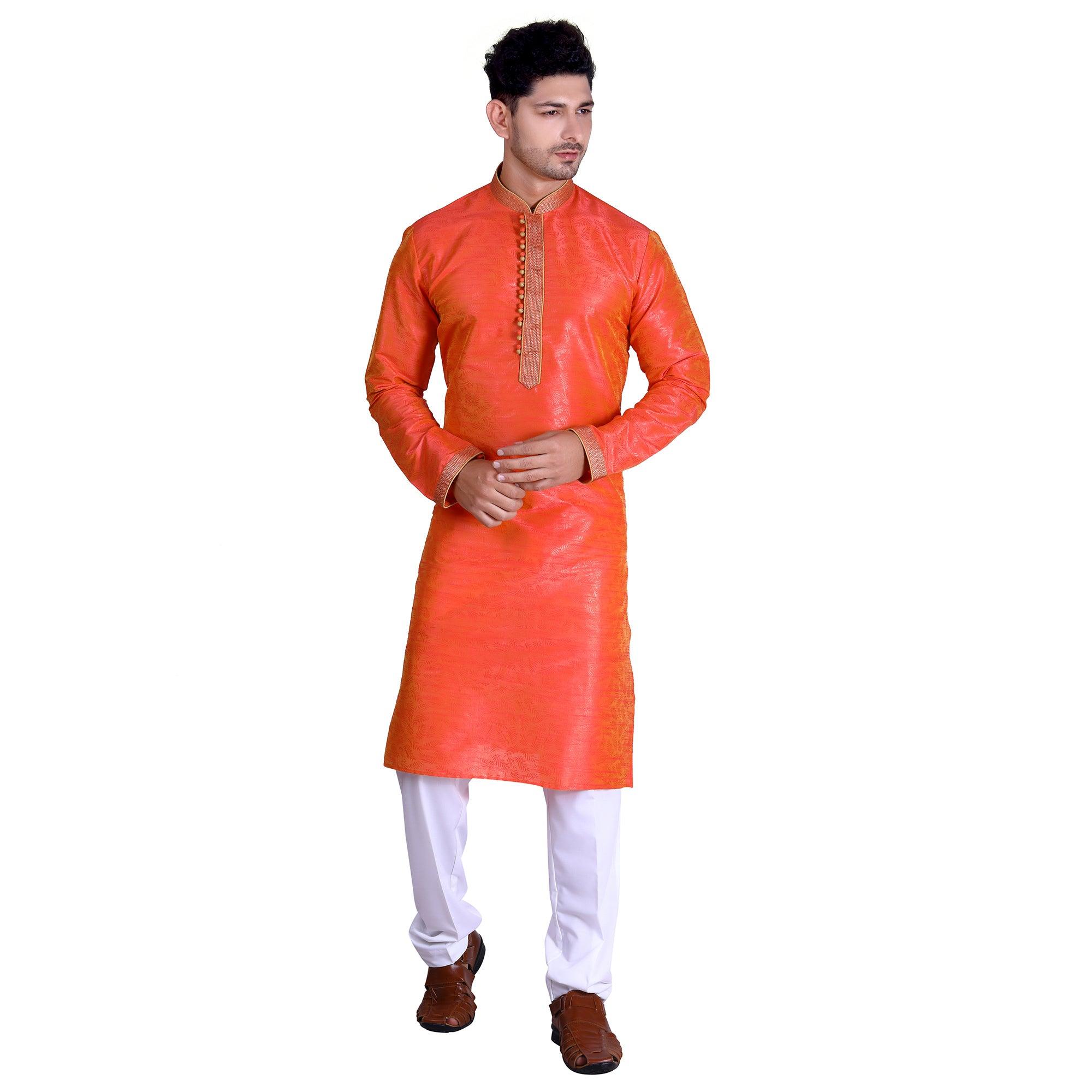 Orange Woven Art Silk Men's Kurta Pyjama Set - Peachmode