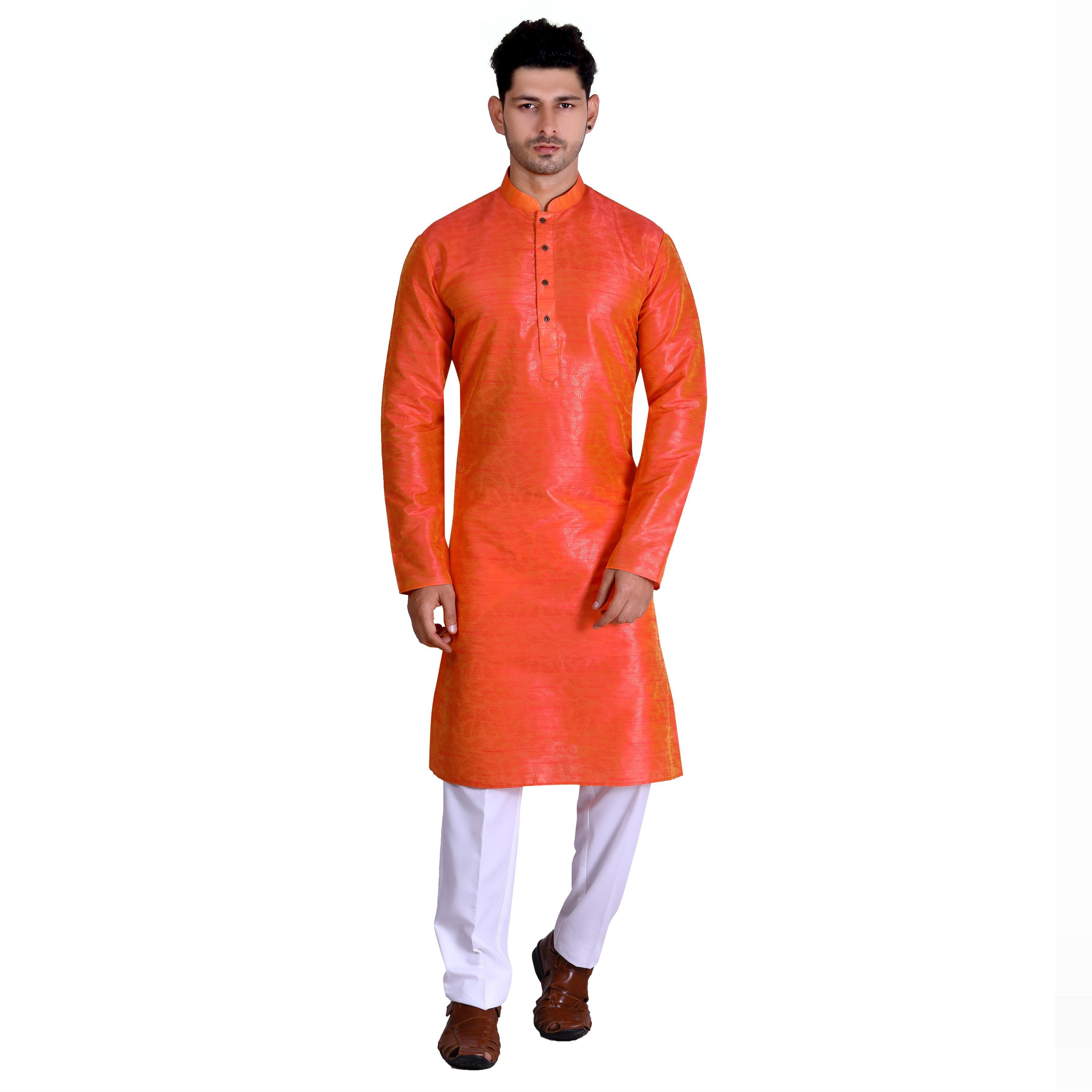 Orange Woven Art Silk Men's Kurta Pyjama Set - Peachmode
