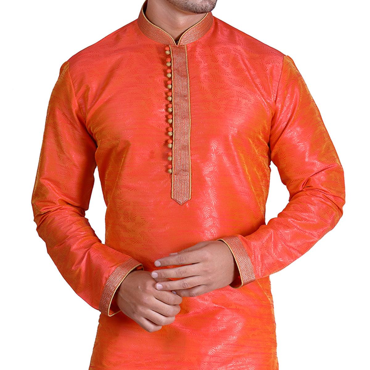 Orange Woven Art Silk Men's Kurta Pyjama Set - Peachmode