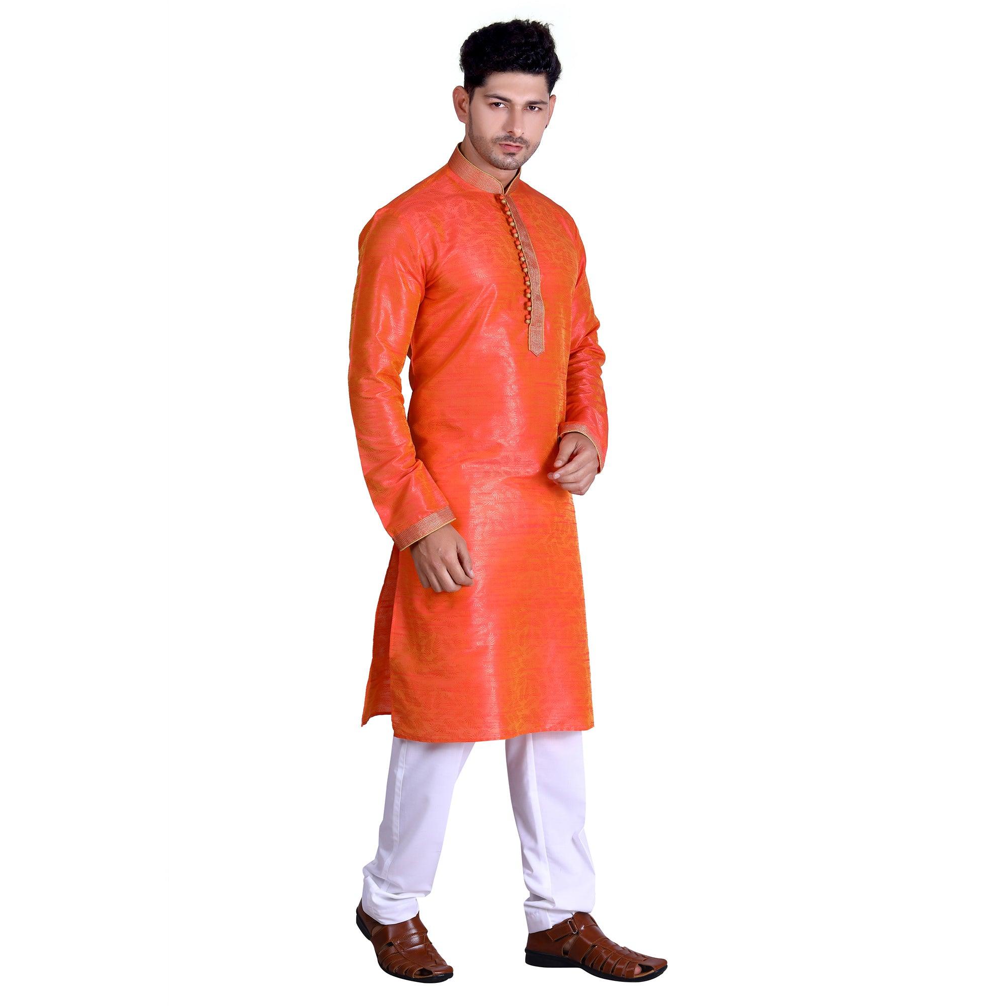 Orange Woven Art Silk Men's Kurta Pyjama Set - Peachmode