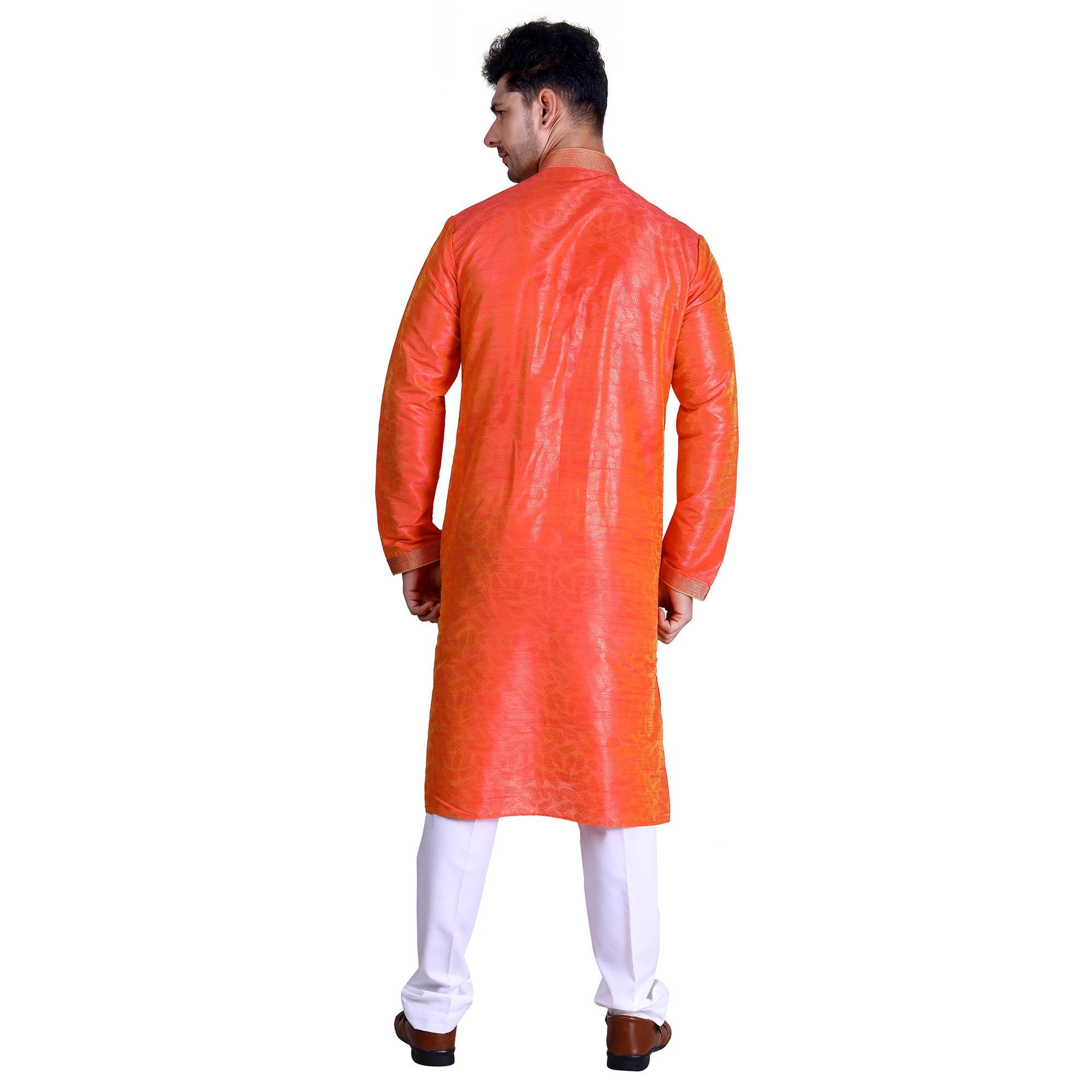 Orange Woven Art Silk Men's Kurta Pyjama Set - Peachmode