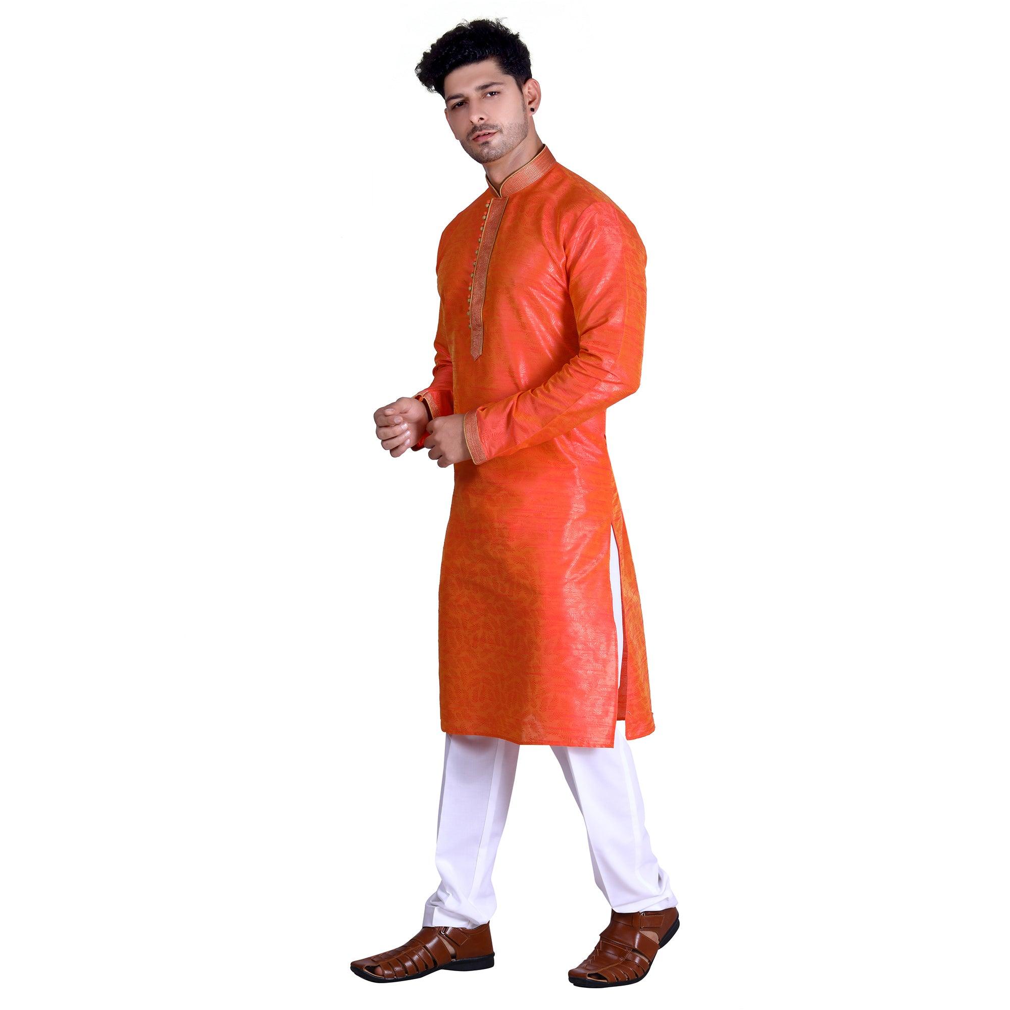 Orange Woven Art Silk Men's Kurta Pyjama Set - Peachmode