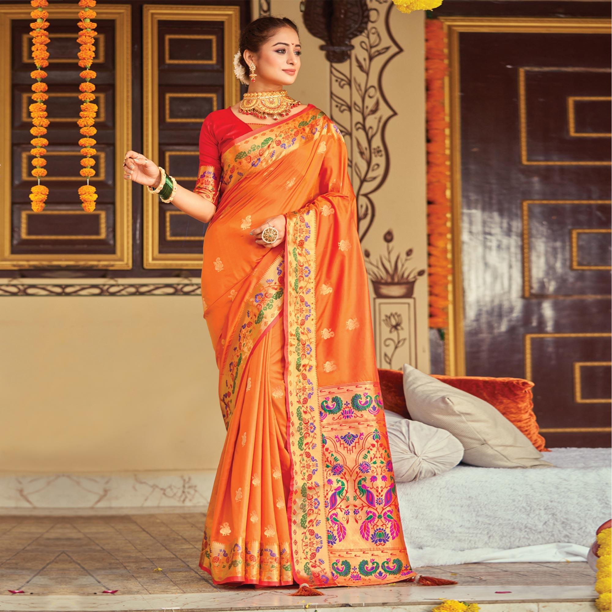 Orange Woven Art Silk Paithani Saree With Tassels - Peachmode