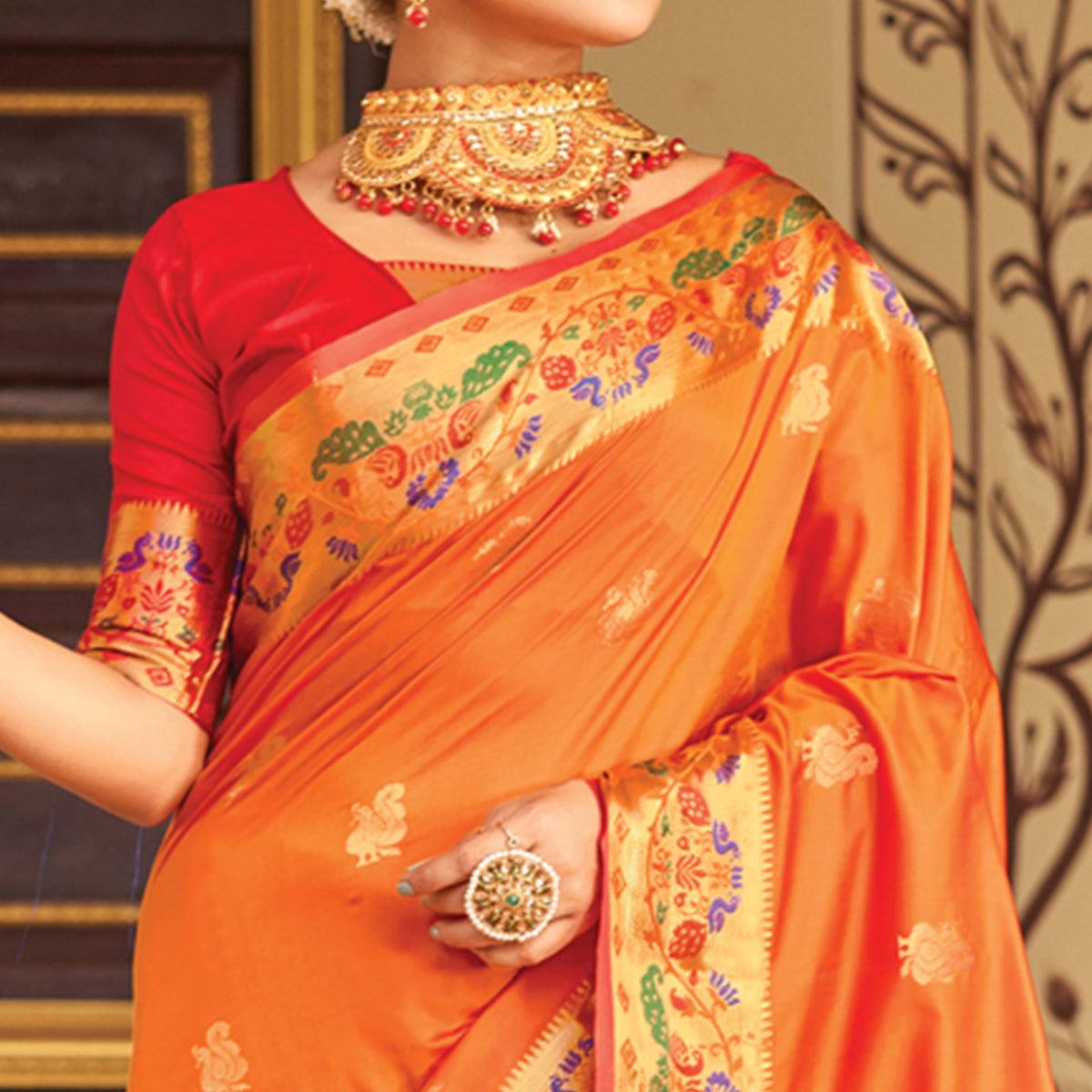 Orange Woven Art Silk Paithani Saree With Tassels - Peachmode