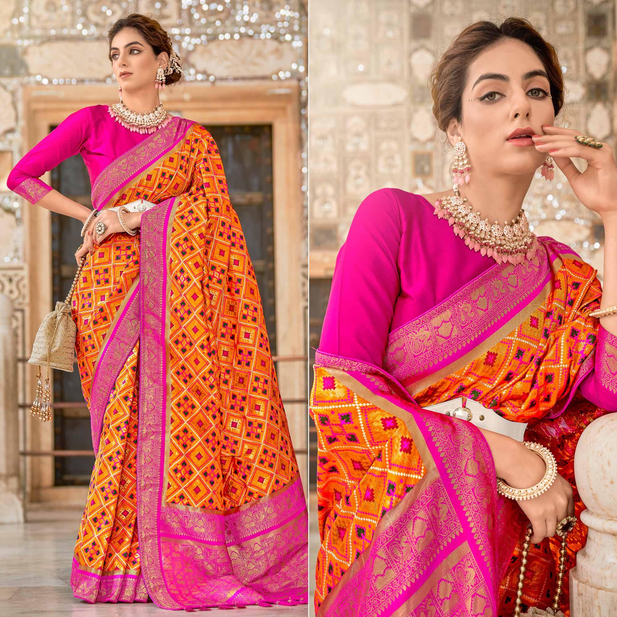 Orange Woven Art Silk Patola Saree With Tassels - Peachmode