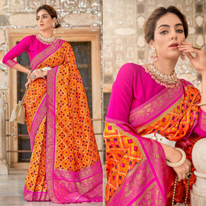 Orange Woven Art Silk Patola Saree With Tassels - Peachmode