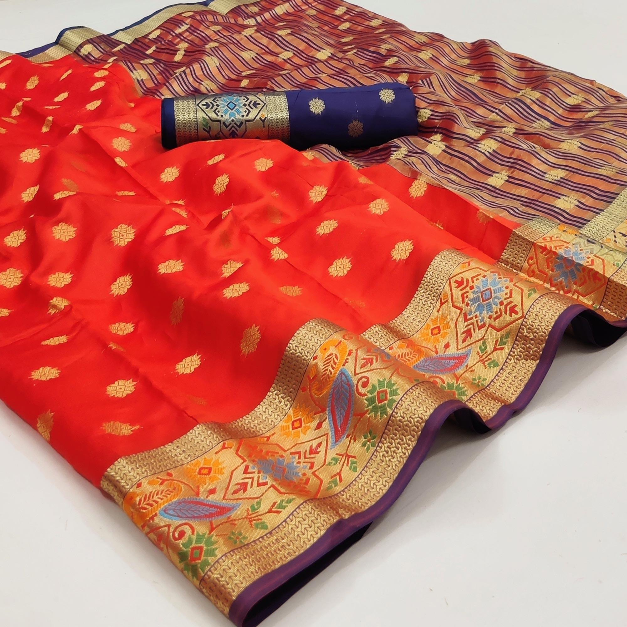 Orange Woven Art Silk Saree - Peachmode