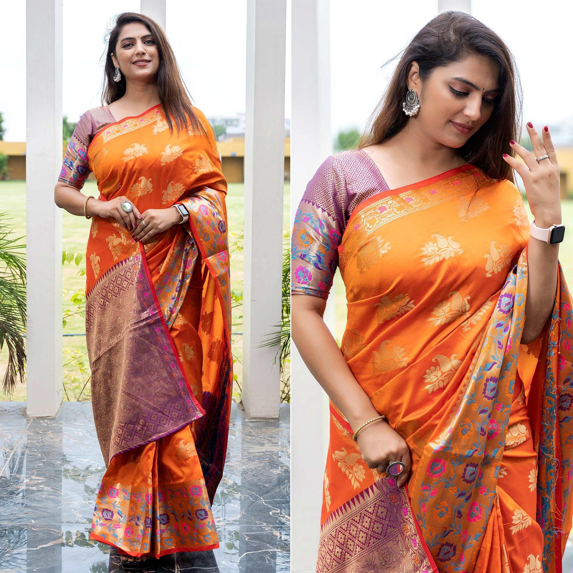 Orange Woven Art Silk Saree - Peachmode