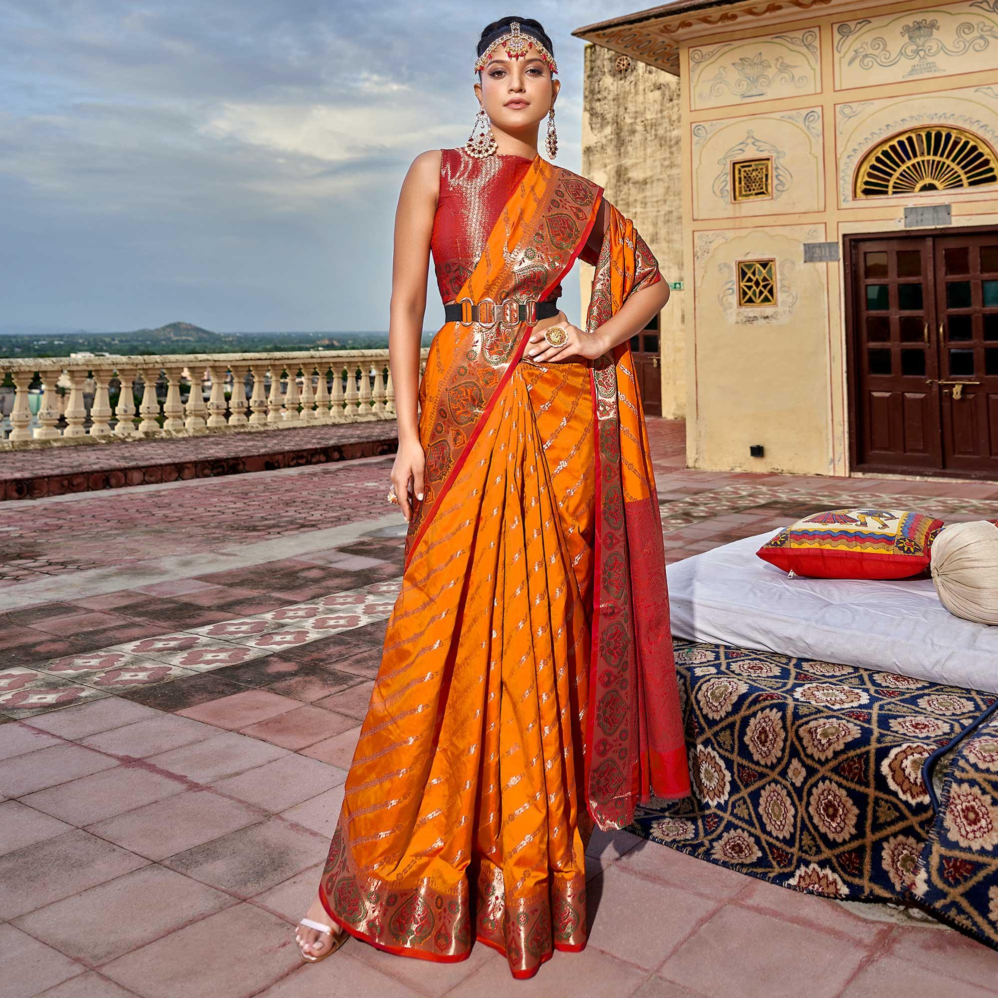 Orange Woven Art Silk Saree - Peachmode