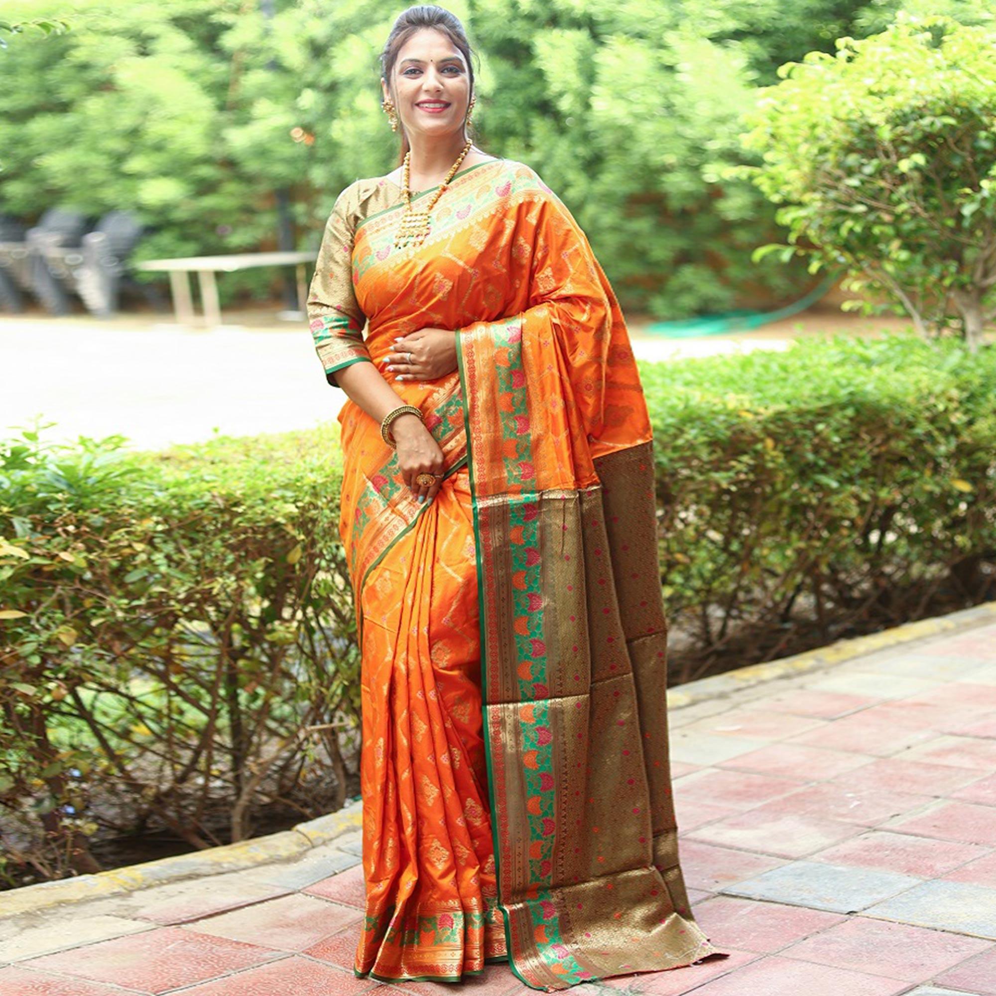 Orange Woven Art Silk Saree - Peachmode