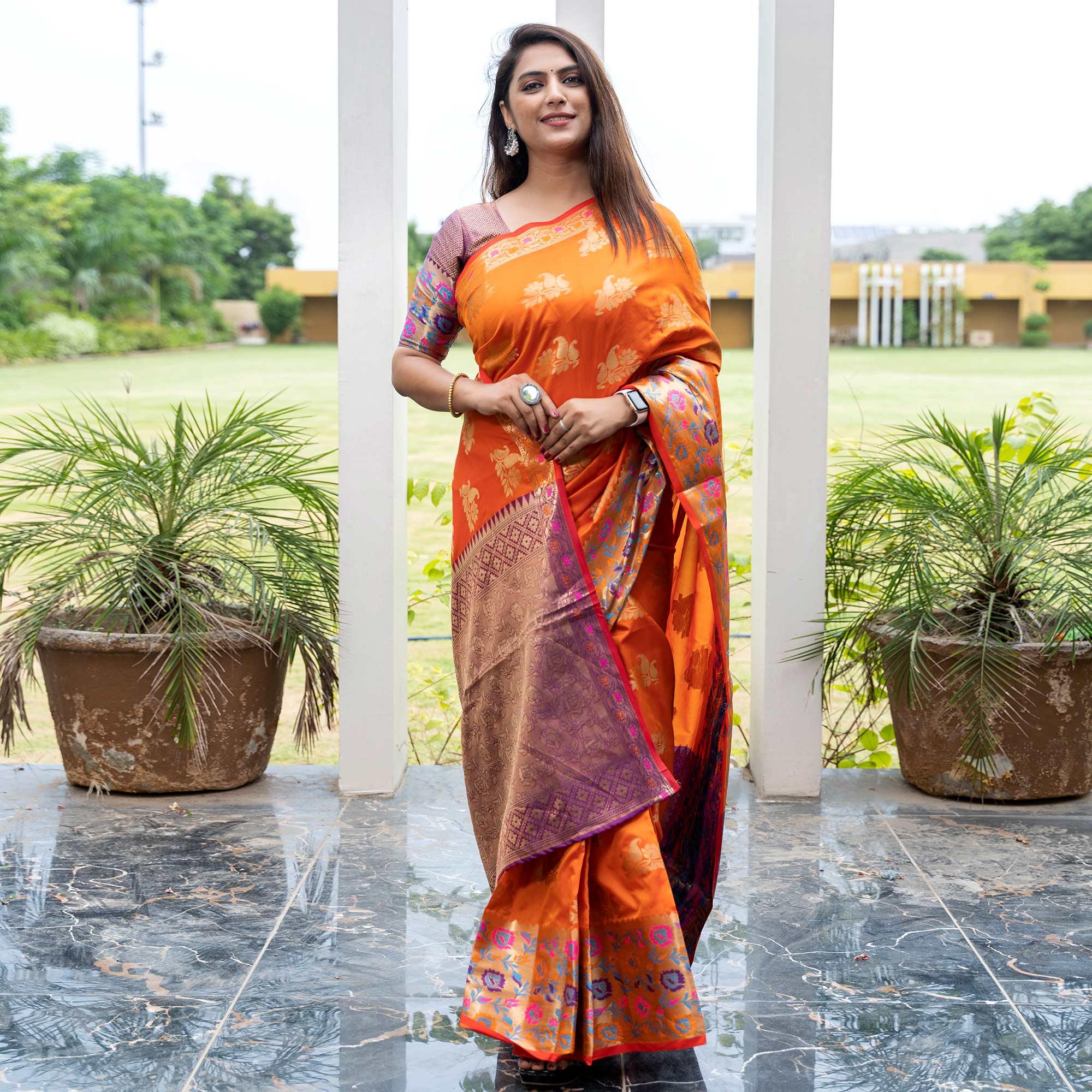Orange Woven Art Silk Saree - Peachmode