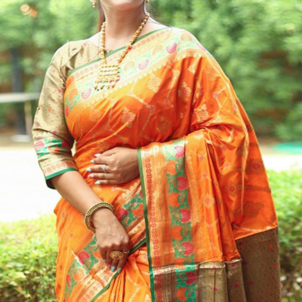 Orange Woven Art Silk Saree - Peachmode