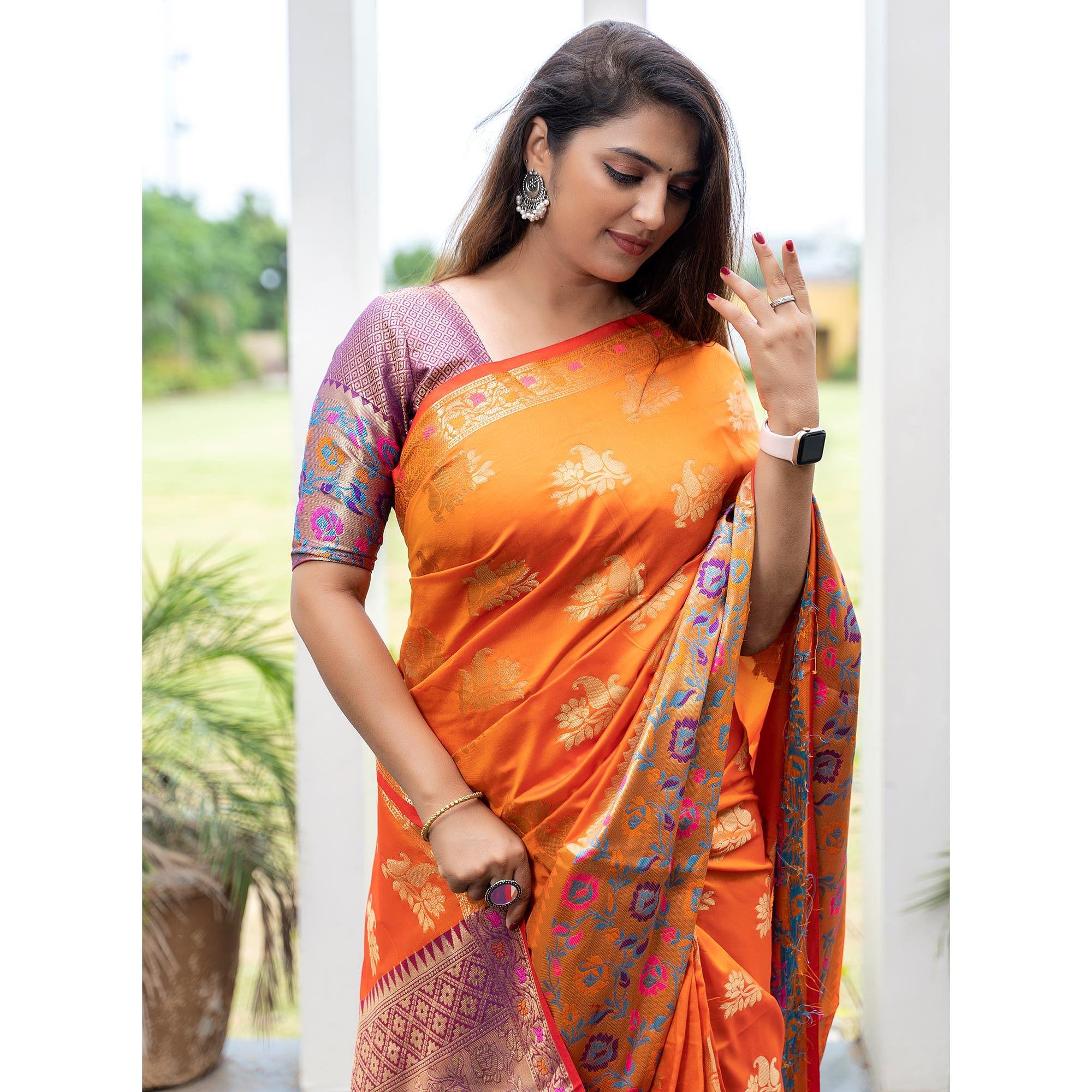 Orange Woven Art Silk Saree - Peachmode