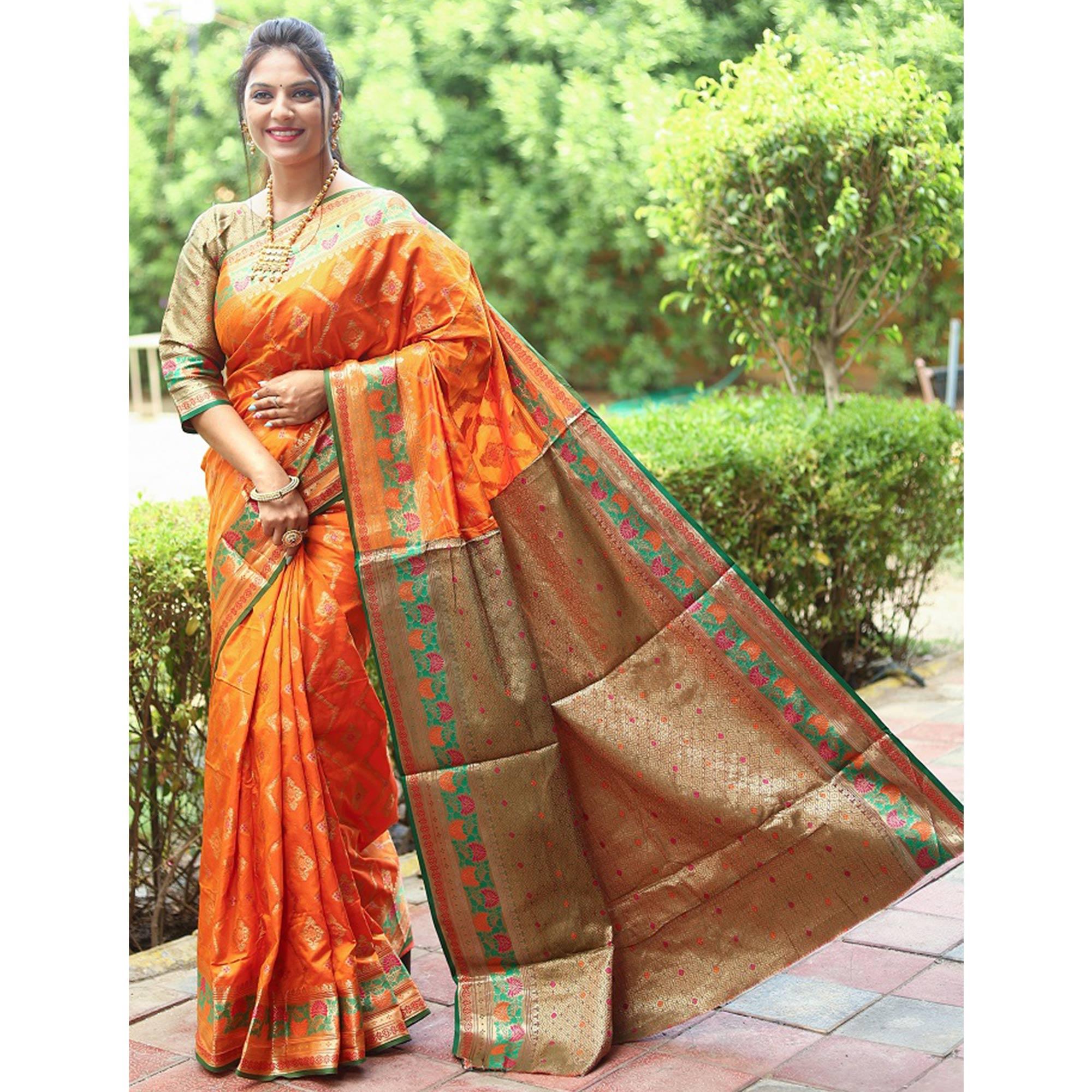 Orange Woven Art Silk Saree - Peachmode
