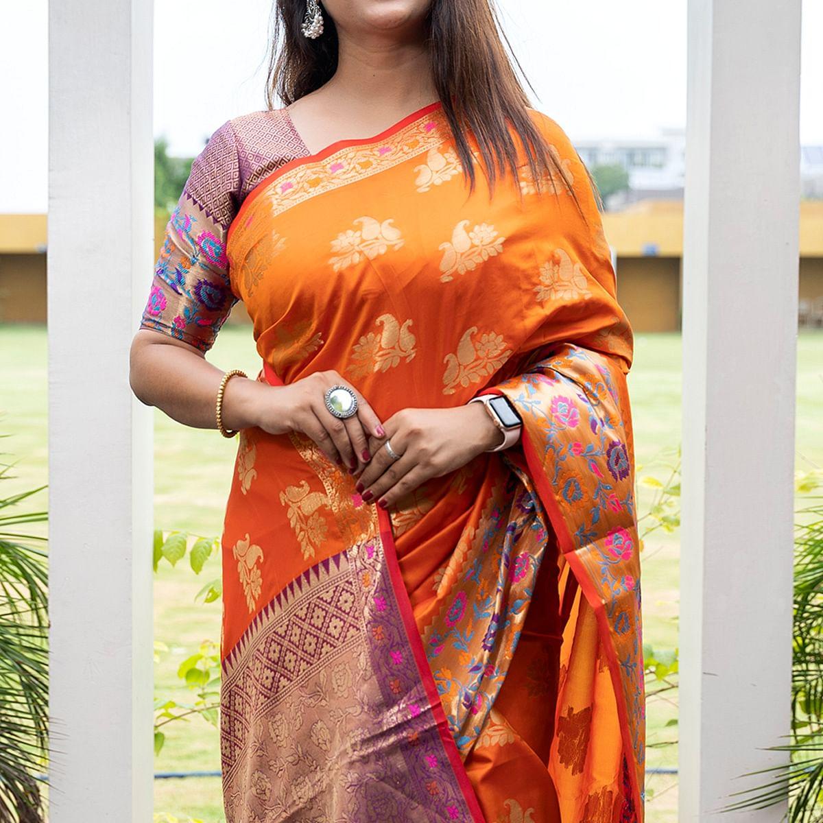 Orange Woven Art Silk Saree - Peachmode