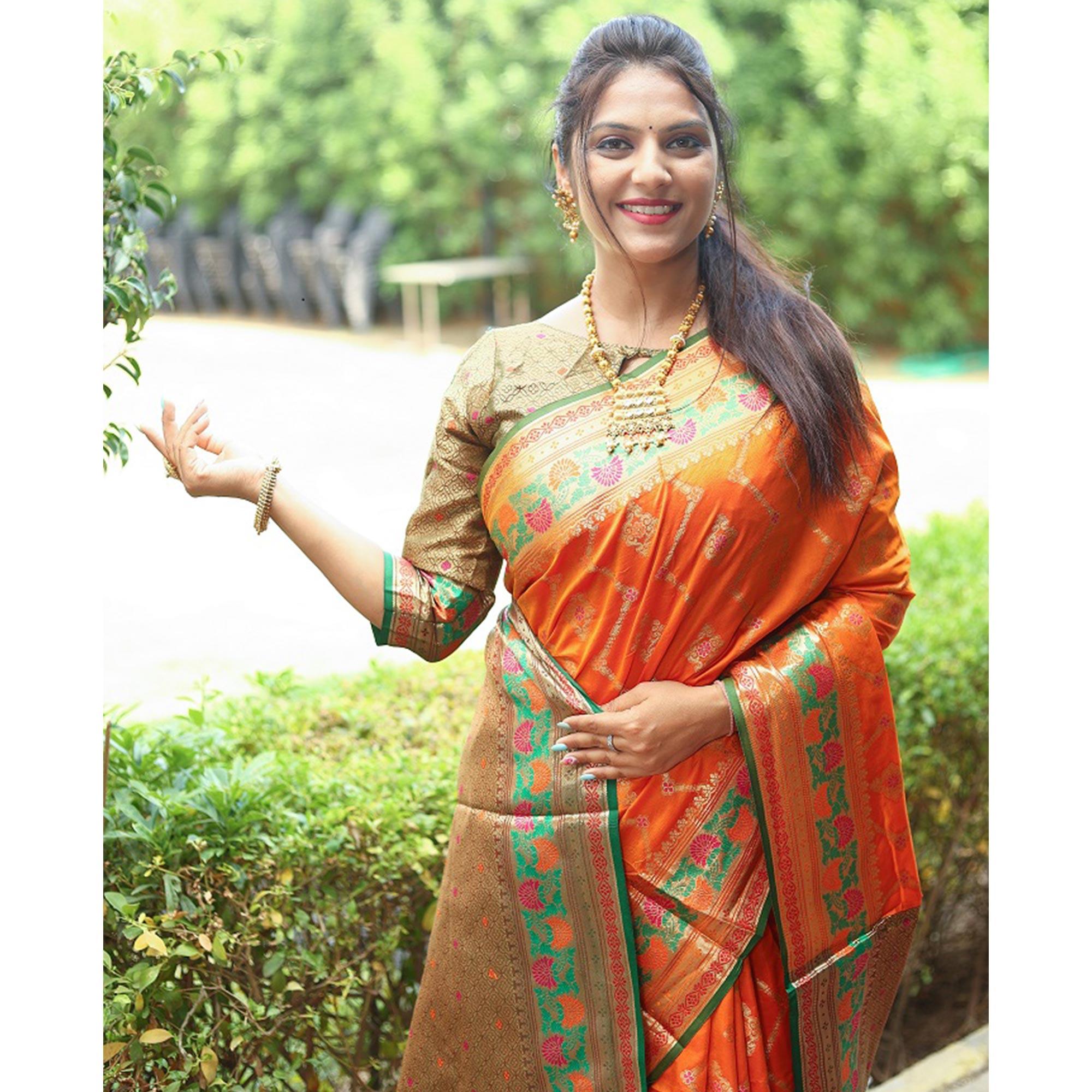 Orange Woven Art Silk Saree - Peachmode