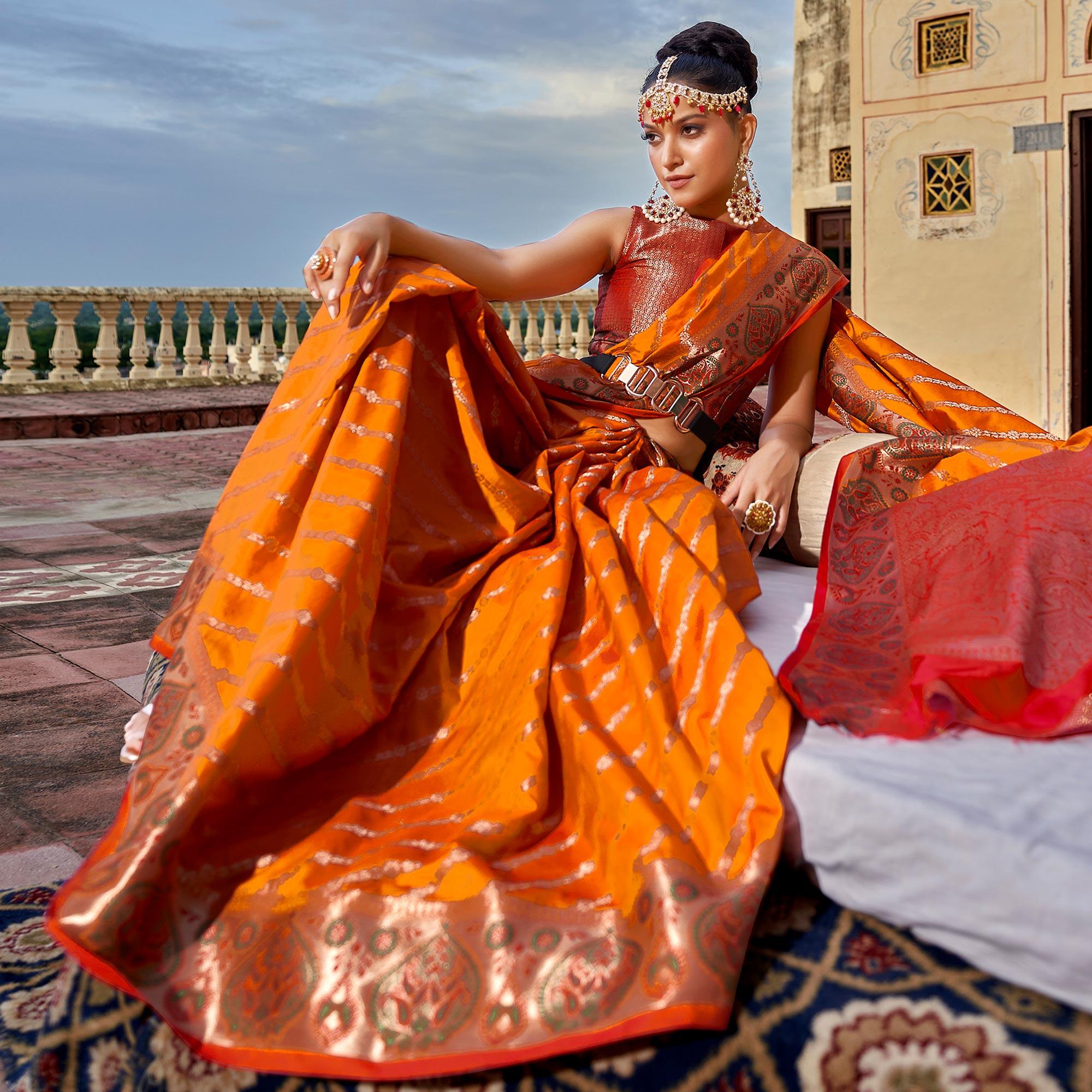 Orange Woven Art Silk Saree - Peachmode