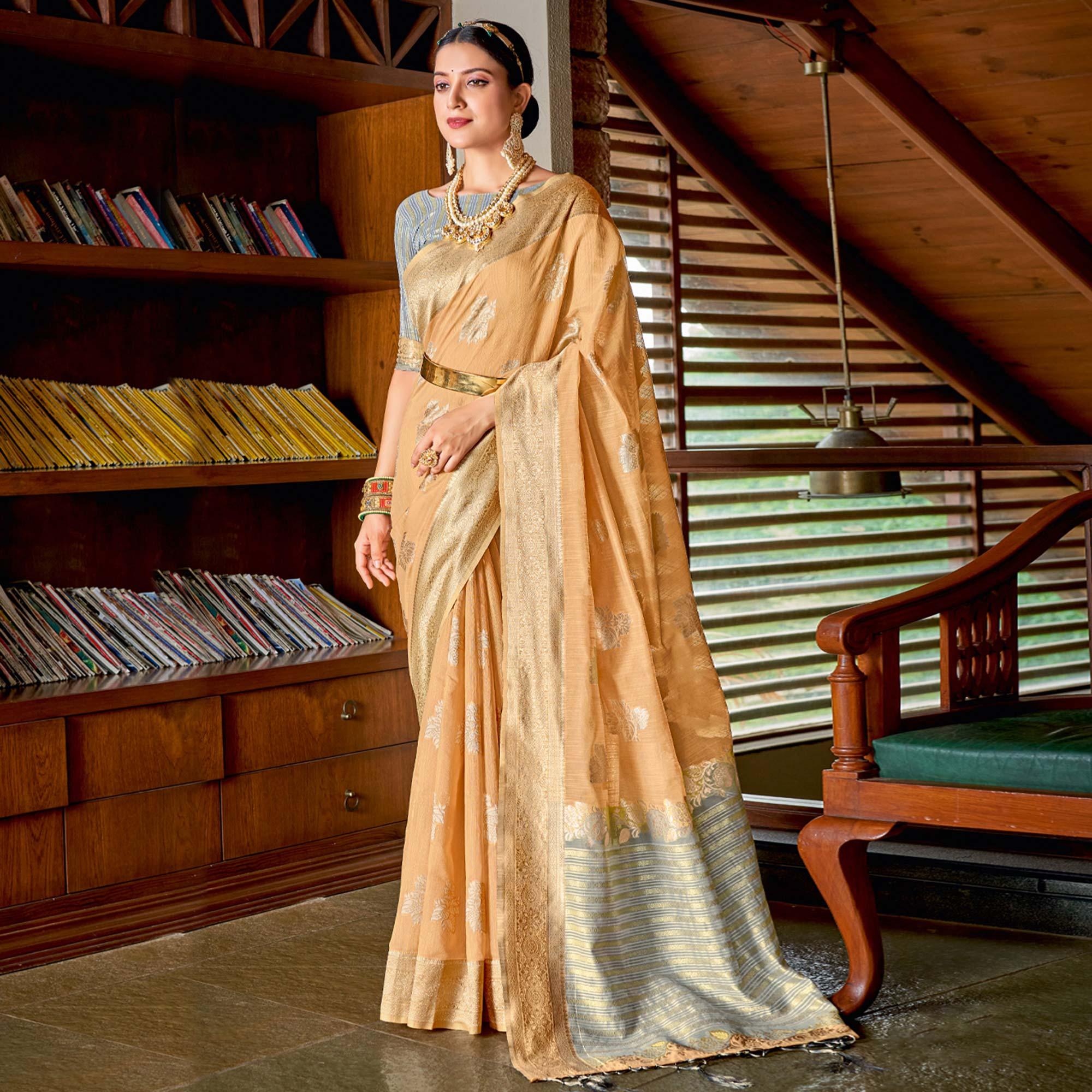 Orange Woven Art Silk Saree With Tassels - Peachmode