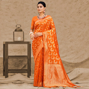 Orange Woven Art Silk Saree With Tassels - Peachmode