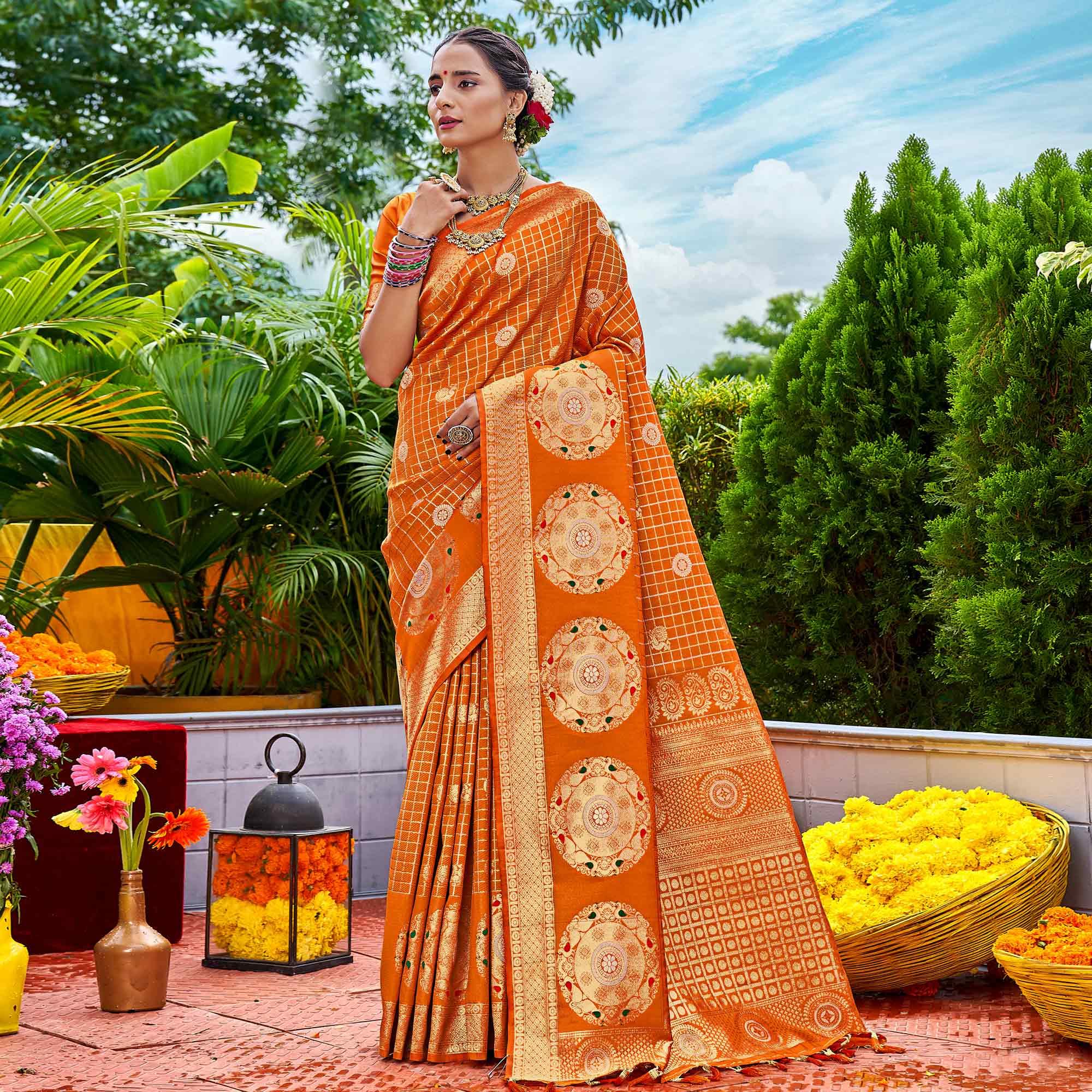 Orange Woven Art Silk Saree With Tassels - Peachmode