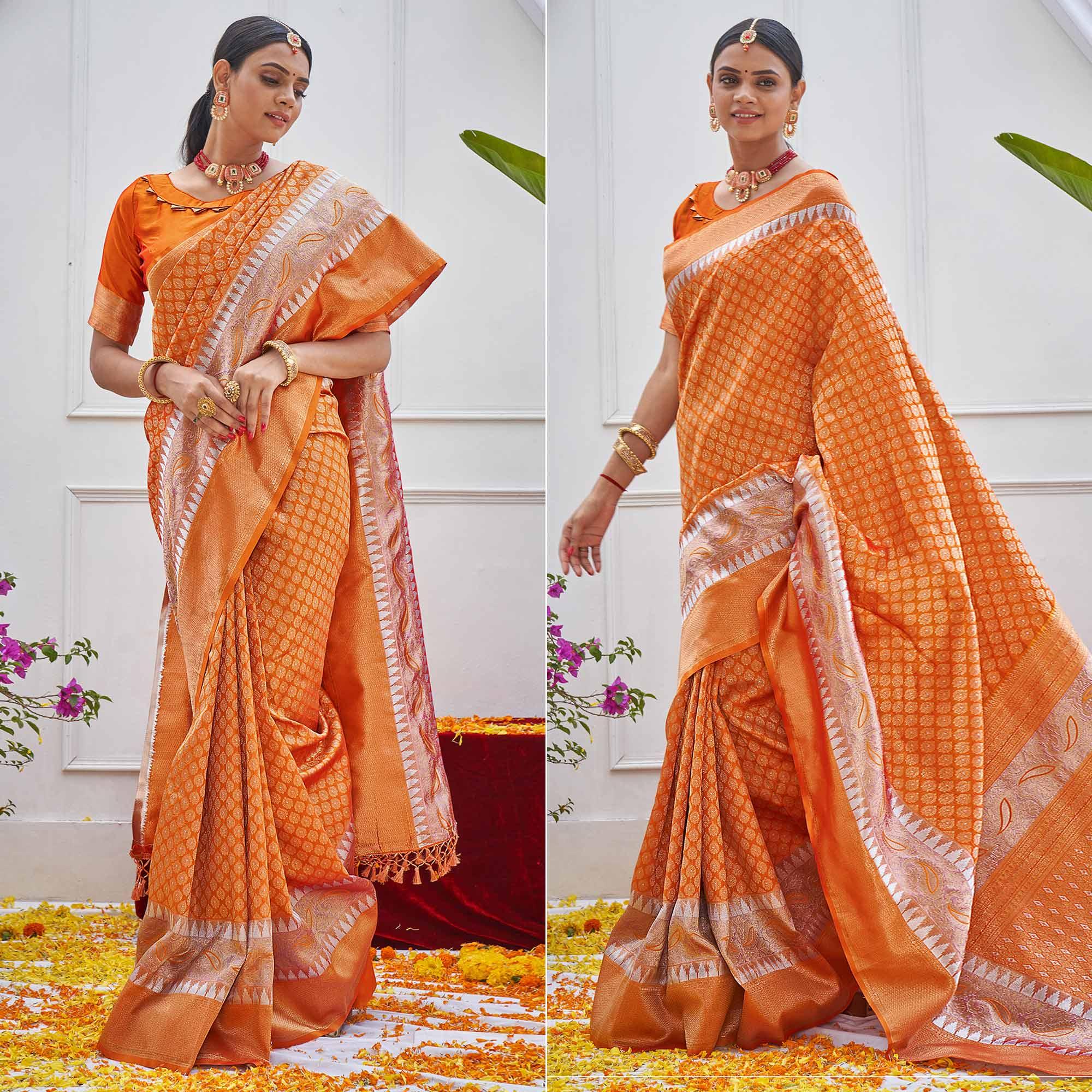 Orange Woven Art Silk Saree With Tassels - Peachmode