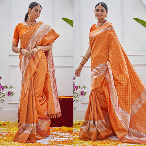 Orange Woven Art Silk Saree With Tassels - Peachmode