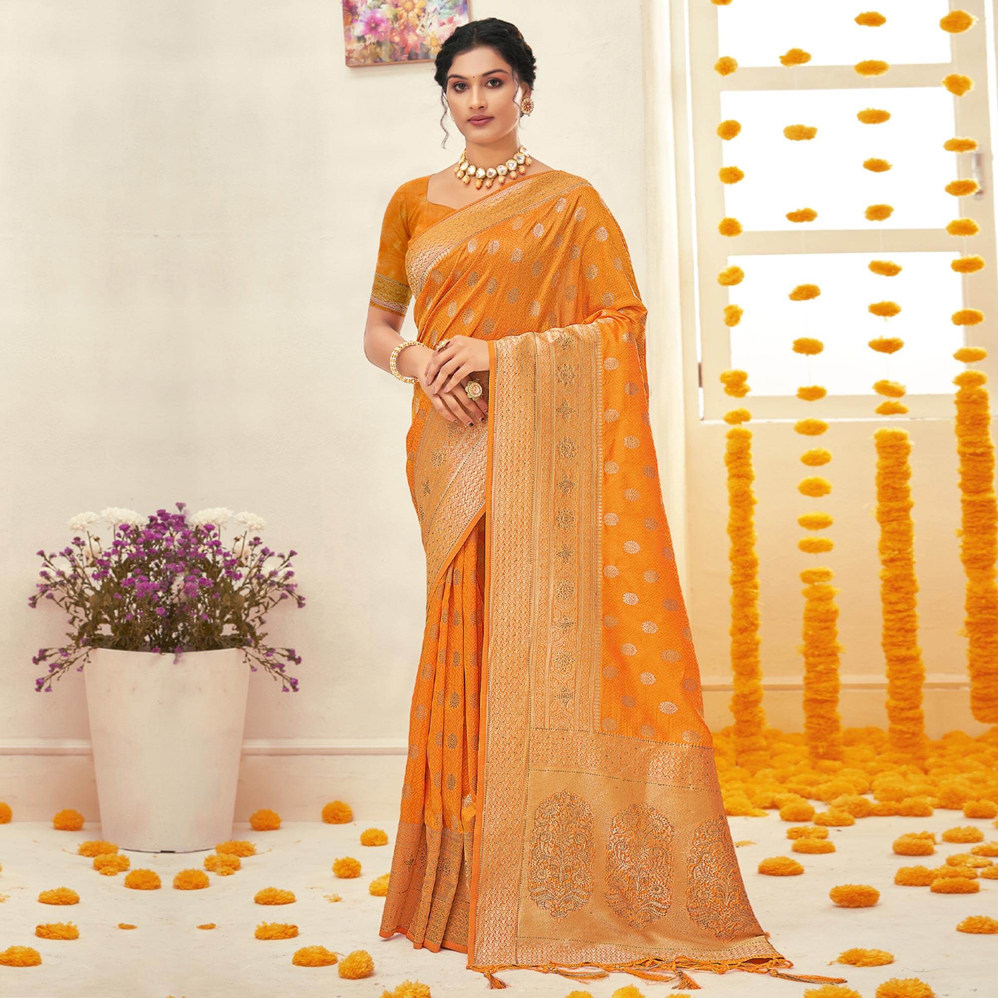 Orange Woven Art Silk Saree With Tassels - Peachmode