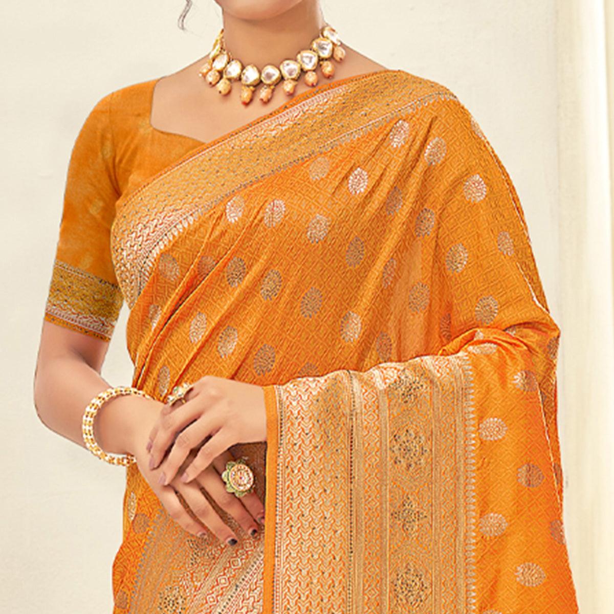 Orange Woven Art Silk Saree With Tassels - Peachmode