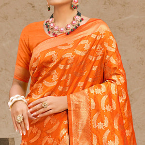 Orange Woven Art Silk Saree With Tassels - Peachmode