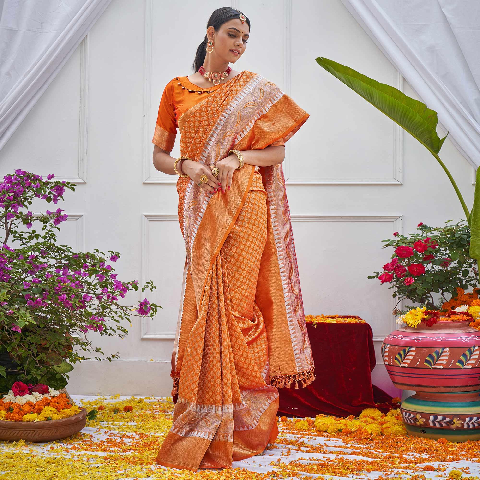 Orange Woven Art Silk Saree With Tassels - Peachmode