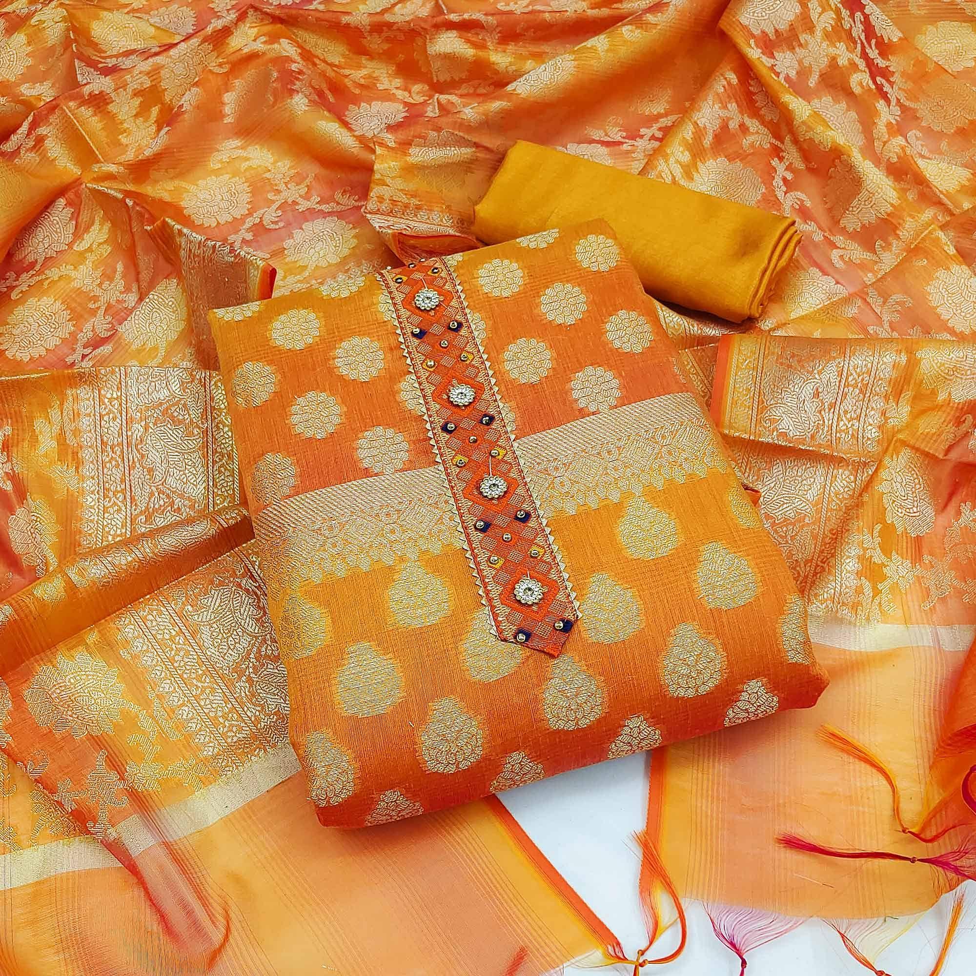 Orange Woven Banarasi Dress Material - Peachmode